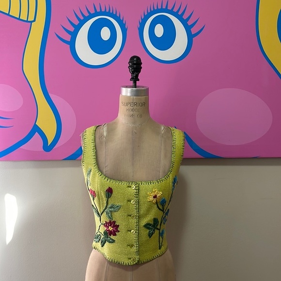 Moschino Green Jute Embroidered Flower Vest Bustier